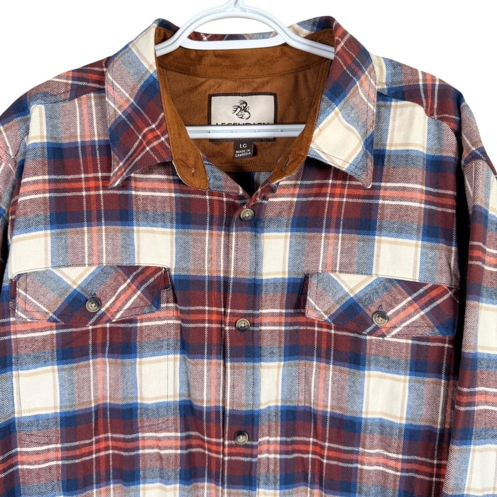 Legendary Whitetails Flannel Shirt Button Up Mens L Burgundy Blue Plaid Stretch